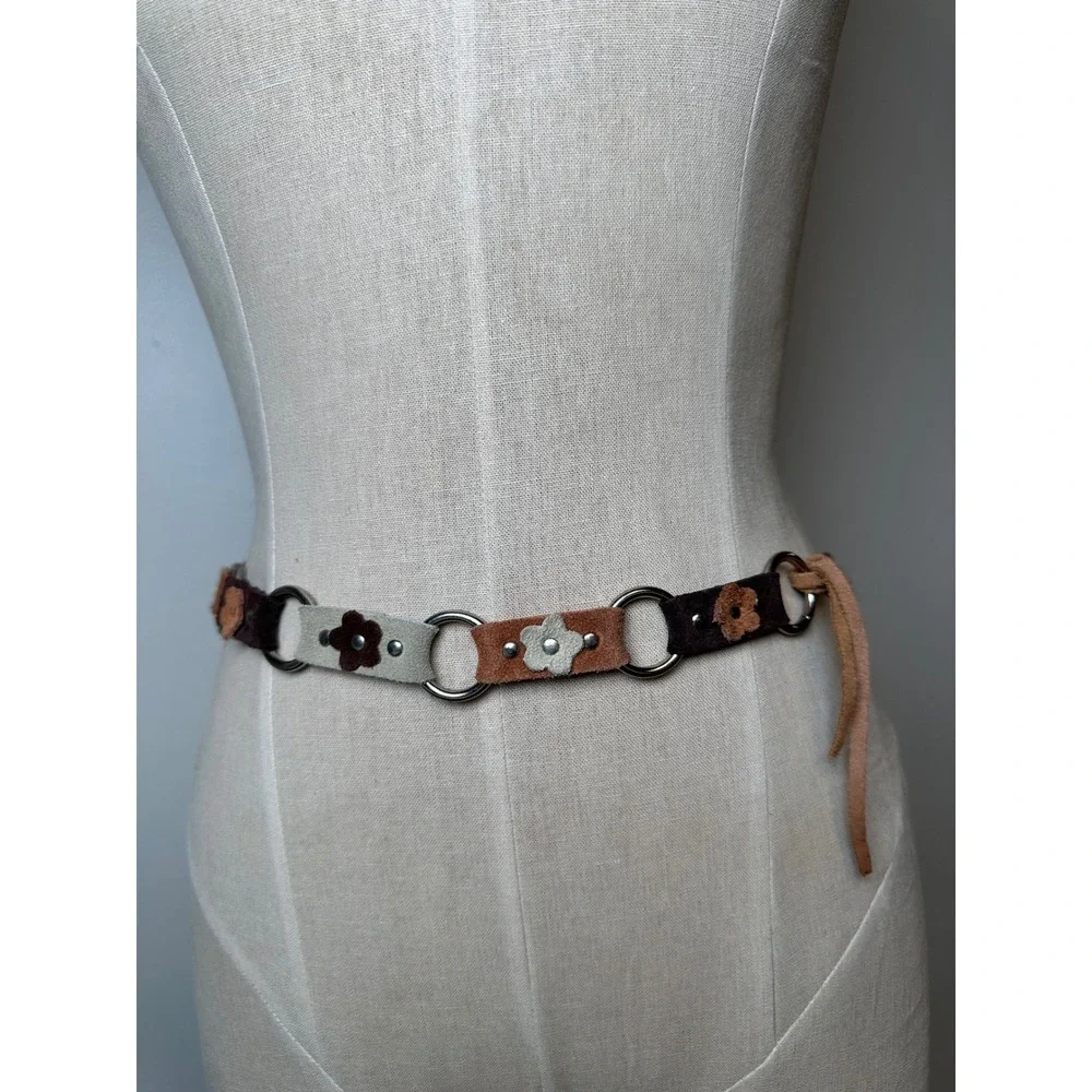 Genuine Suede Leather Belt Link Flower Brown Tan Floral Boho Tie Waist S/M Retro